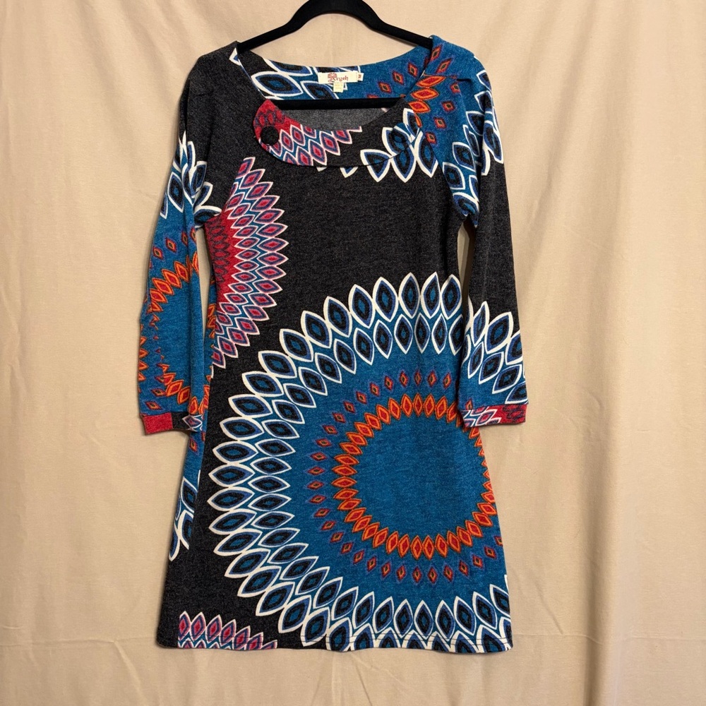 Aryeh M Black and Blue Geometric Long Sleeve Sweater Dress Bohemian Retro